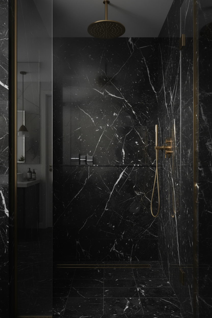 PRODUCT 003: SOAP in dark marble shower from bathroom door angle