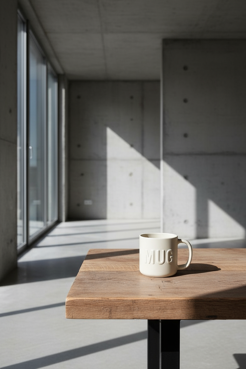 PRODUCT 006: MUG on table in brutalist minimalist apartment