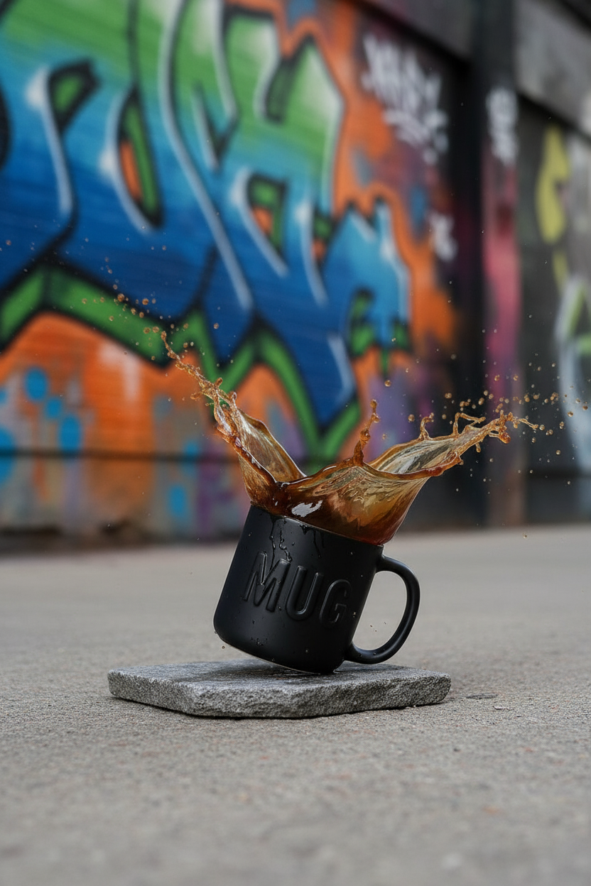 PRODUCT 006: MUG with liquid splash against graffiti background
