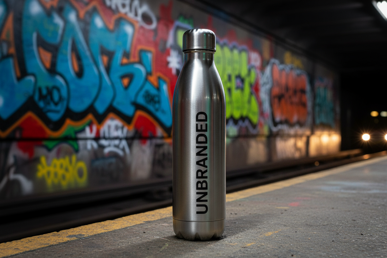 PRODUCT 009: STEEL BOTTLE - UNBRANDED in subway station with graffiti