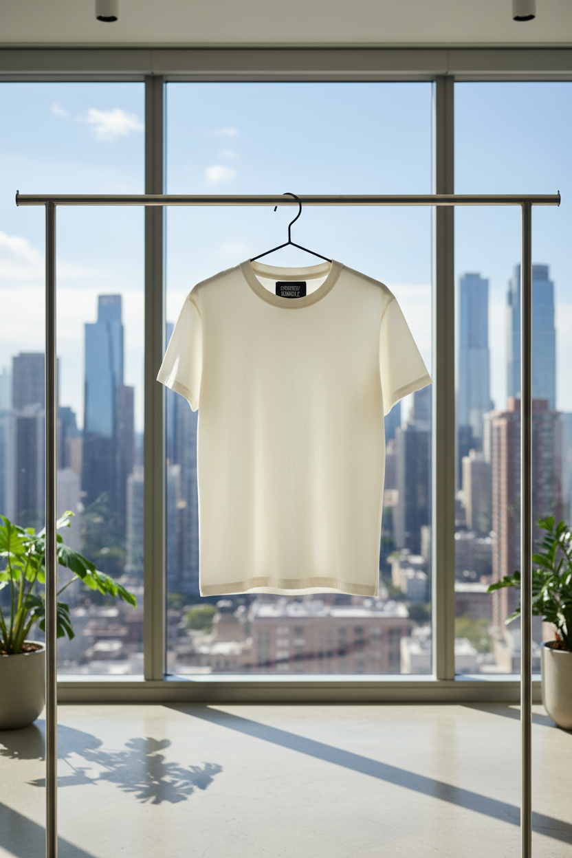 PRODUCT 010:TSHIRT WHITE hanging in apartment with skyline view
