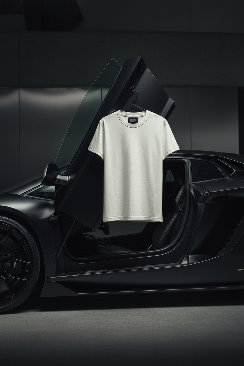 PRODUCT 010:TSHIRT WHITE hanging on Lamborghini scissor door